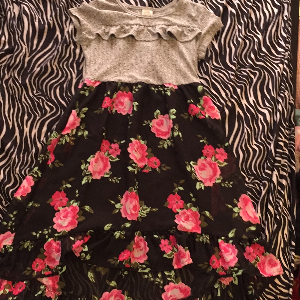 A flower dress with a gray top